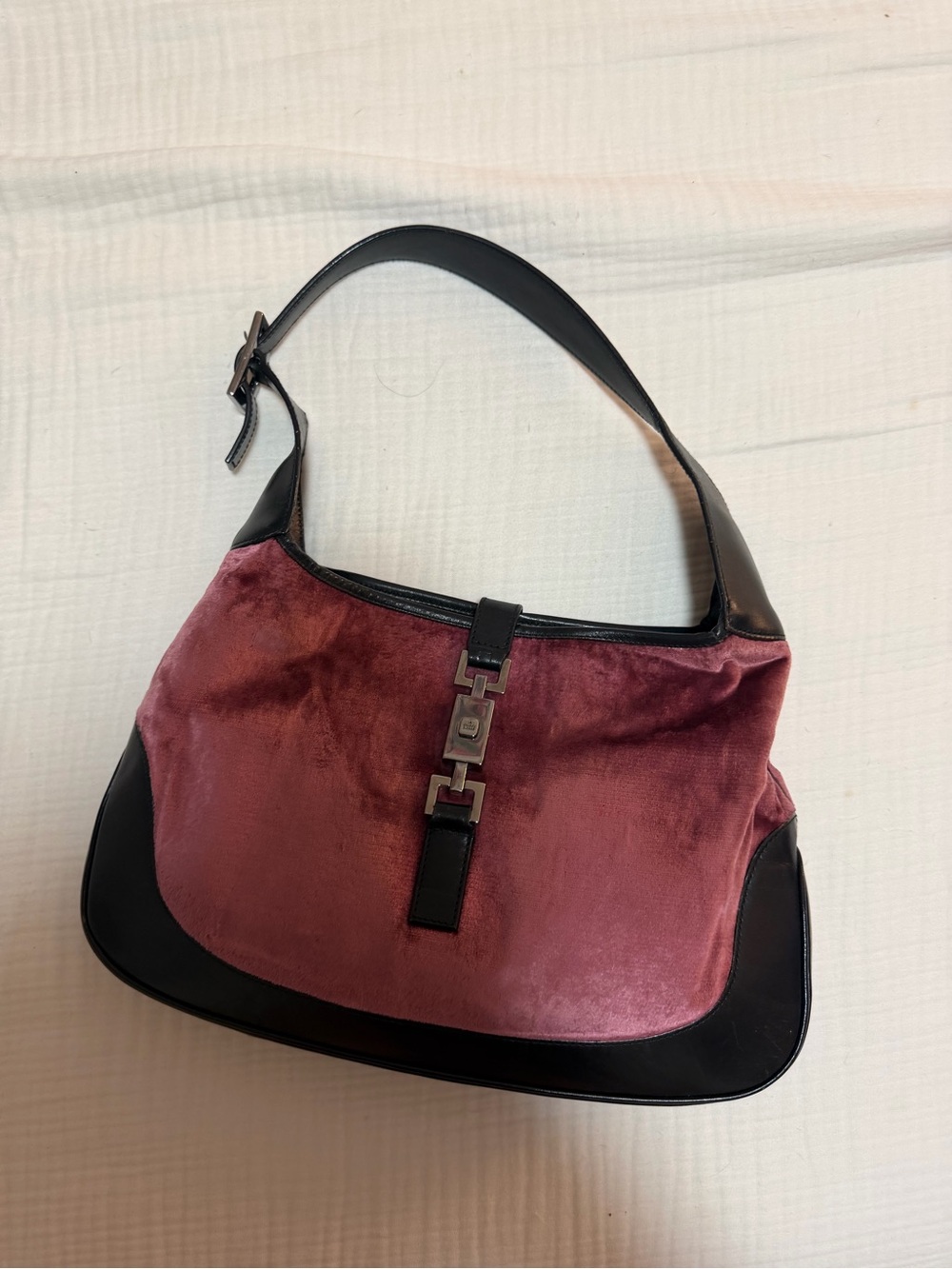 Gucci Pink Velvet Shoulder Bag with Black Leather Trim